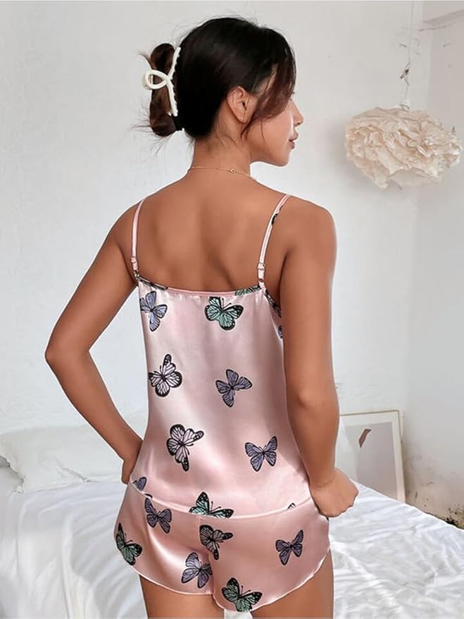 Pink Butterfly Satin Nightwear 2Pc Set | NG-07